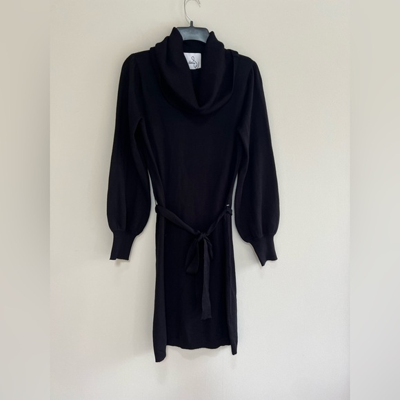 NWT Sam Edelman Knit Cowl Neck Long Sleeve Mini Dress with Tie Belt, Black, M - Picture 9 of 11